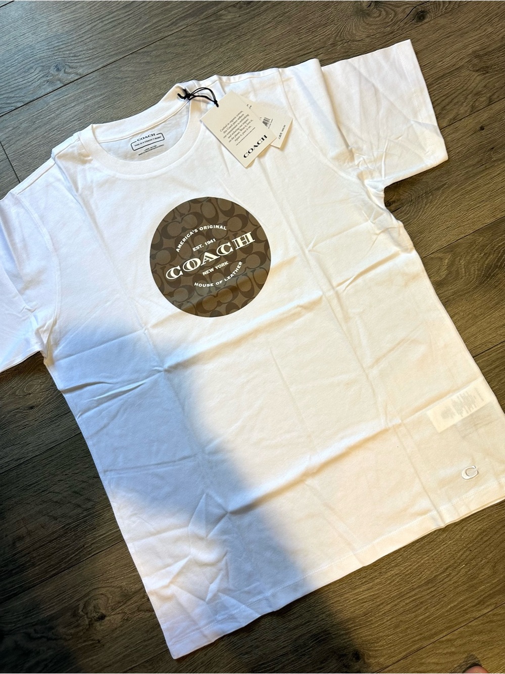 Coach White Tee with Brown Signature Circle Logo